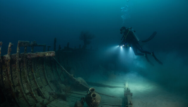 A solitary diver illuminates the depths of a majestic shipwreck, celebrating World Oceans Day by exploring the mysteries of our planet's aquatic heritage and preserving marine ecosystems