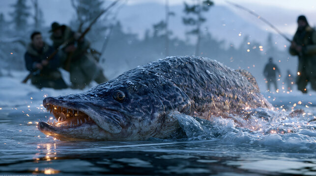 Terrified fishermen react as a massive fish crashes through thin ice in a snowy winter landscape cinematic survival moment