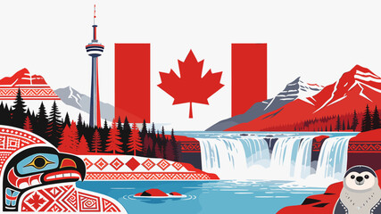Naklejka premium A vibrant vector illustration showcasing Canadian landmarks and nature, including the CN Tower, mountains, waterfalls, and indigenous art, with the Canadian flag prominently displayed.