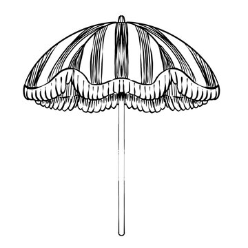 Black and white line art vector of a striped beach umbrella with fringe and pole. Minimalist vintage illustration for resort branding, travel brochure, summer poster and coastal menu