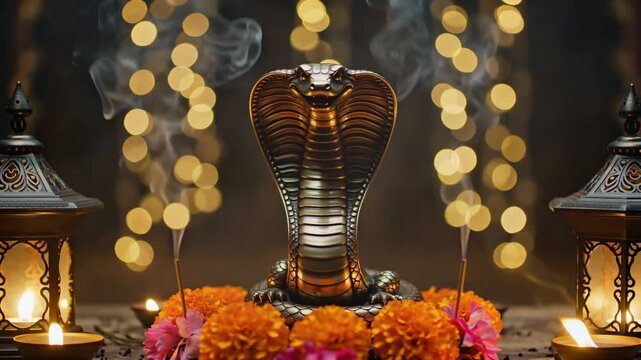 Sacred Nag Panchami ritual with a revered cobra deity adorned with vivid flowers and traditional lamps, incense smoke rising, symbolizing devotion