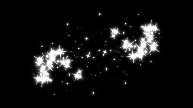 Bright glitter white star sparkles forming abstract oval ring shape on black background, magical twinkling particle loop video asset