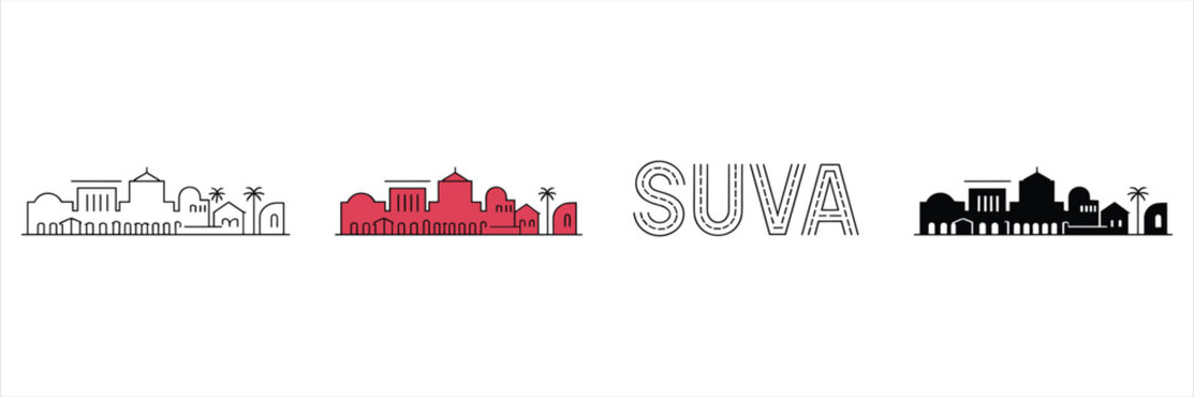 Suva city skyline in outline, red, and solid black styles