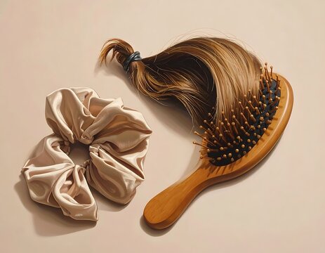 Hairbrush and silk scrunchie accessories.