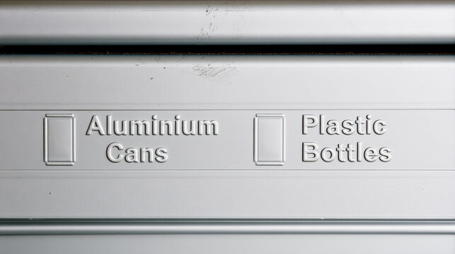 Office recycling bin lid close up with embossed sorting icon for aluminium can and plastic bottle, matte white surface, bright minimal product photo