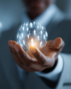 Digital Sphere of human: A close-up view of a person cradling a luminous sphere filled with tiny, interconnected human figures, symbolizing the concept of global connectivity. 