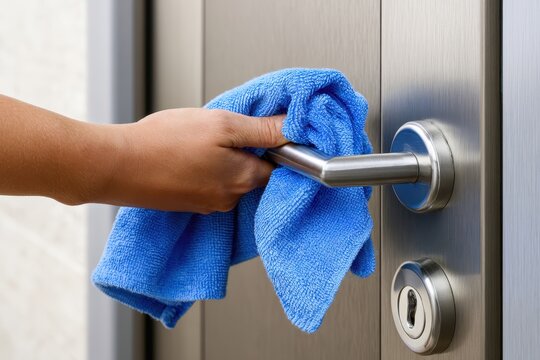 Hand wiping metal door handle with blue microfiber cloth in a sharp focus macro shot for hygiene and sanitization services marketing
