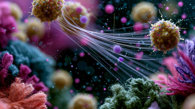 Microscopic dust particles reveal strange insect like microorganisms and colorful textile fibers in a scientific macro world