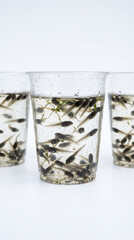 Fototapeta premium Close-up of developing frog tadpoles with visible tails swimming in transparent laboratory cups, isolated on a clean white background, biology education and life cycle concept