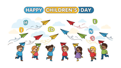 Fototapeta premium Joyful Flight: A vibrant Children's Day celebration unfolds, with children joyfully launching colorful paper airplanes into the sky, symbolizing dreams and aspirations. 