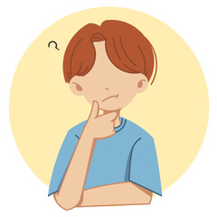 Flat illustration of a boy wearing blue t-shirt with hand on his chin while thinking of something in yellow cicle background
