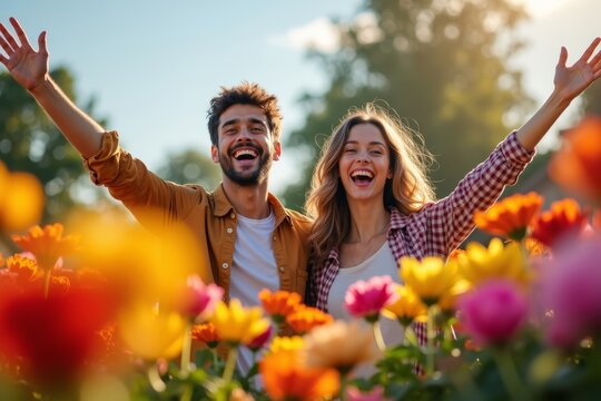 Young couple joyfully tallying their achievements amidst a backdrop of vibrant, blooming flowers.
