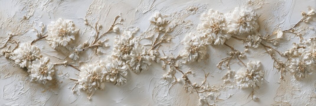Textured wall art with relief of blossoming flowers, branches, and a neutral, white backdrop