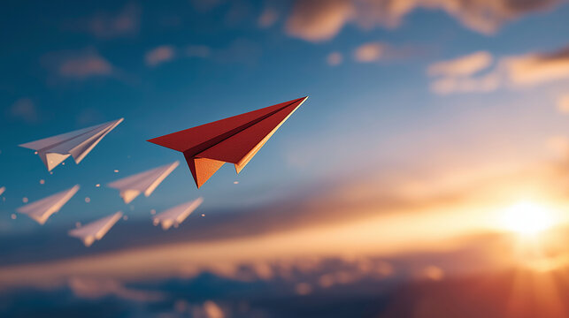 Ascending Heights: A red paper airplane boldly leads a squadron of white paper airplanes against a vibrant sunset sky, embodying leadership, aspiration, and the pursuit of dreams.