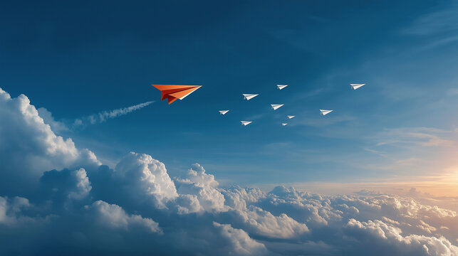 Paper Plane Ascendancy: A squadron of paper airplanes soars through a celestial panorama, led by a vibrant orange aircraft that leaves a vapor trail, symbolizing innovation and leadership. 