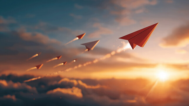  Soaring to Success: A squadron of paper airplanes, led by a vibrant red leader, ascends into a radiant sunset sky, symbolizing ambition, aspiration, and the pursuit of dreams. 