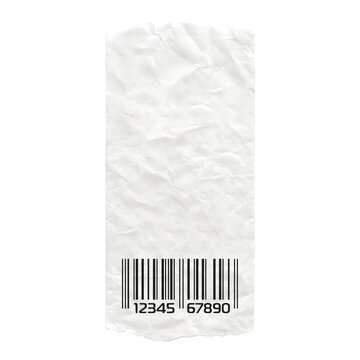 A piece of crumpled white paper featuring a black barcode at the bottom with the numerical sequence one two three four five six seven eight nine zero on a white background