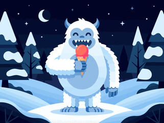 Cute Yeti Character Eating Ice Cream in Snowy Night Winter Landscape Vector Illustration © Nuru