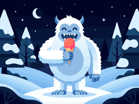 Cute Yeti Character Eating Ice Cream in Snowy Night Winter Landscape Vector Illustration