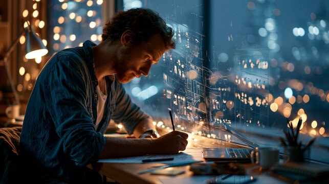 Architect sketching buildings on fogged windows at night with city lights glowing behind transparent drawings
