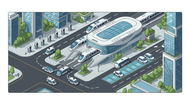 Isometric modern smart city train station with public transportation hub.