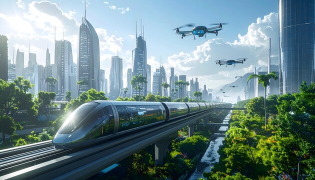 Ciudad futurista sostenible con tren de alta velocidad, drones y rascacielos verdes en un entorno urbano tecnol&oacute;gico