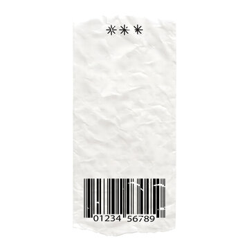 A piece of crumpled white paper featuring three black asterisks at the and a black barcode with the numerical sequence zero one two three four five six seven eight nine