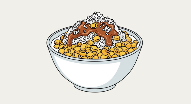 Breakfast cereal bowls with splashing milk and chocolate sauce