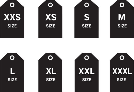 Set of black clothing size tags XXS to XXXL simple vector labels for retail and e-commerce isolated on white background