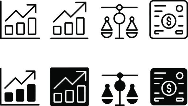 Set of business and finance icons including growth charts, scales of justice, and invoice