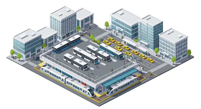 Isometric view of a modern urban bus terminal station with transport infrastructure.