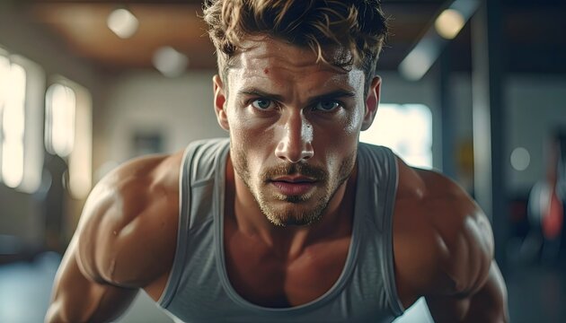 Hombre deportista entrenando en gimnasio con mirada intensa y ambiente de alta concentraci&oacute;n f&iacute;sica