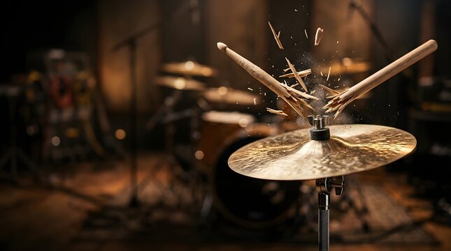 Broken drumstick hitting a shiny metal cymbal in a professional studio