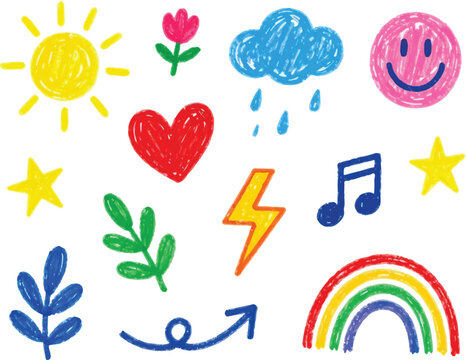 Set of hand drawn crayon doodles, including sun, heart, lightning bolt, rain cloud, smiley face, leaves, flower, star, and rainbow educational art.