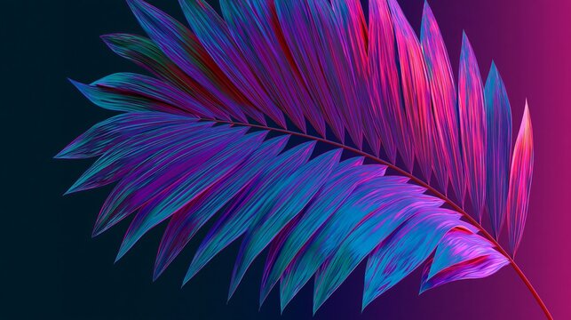 Palm leaf in neon pink, purple, and blue sits on a modern background, perfect for a web banner.