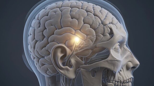 Cross-section of the human head with a glowing neural pathway from ear to auditory cortex &ndash; hearing explained. no text