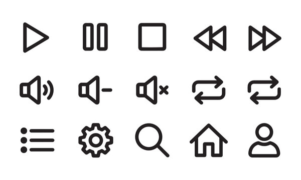 Media control and interface navigation icons for digital software and mobile apps.