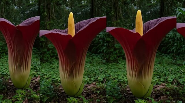 Multiple panels showing corpse flower in bloom, forest background, tropical foliage