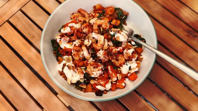 Closeup of a roasted, gourmet, king prawn dish, with lentils, butternut squash, flaked almonds, spinach and yoghurt, all in a bowl with a fork, ready to eat.