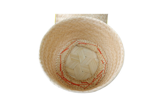 Top down view inside an empty Thai sticky rice bamboo basket on transparent background.