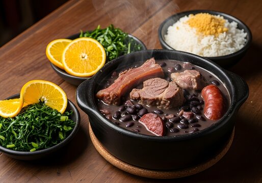 Brazilian feijoada meal with rice greens oranges