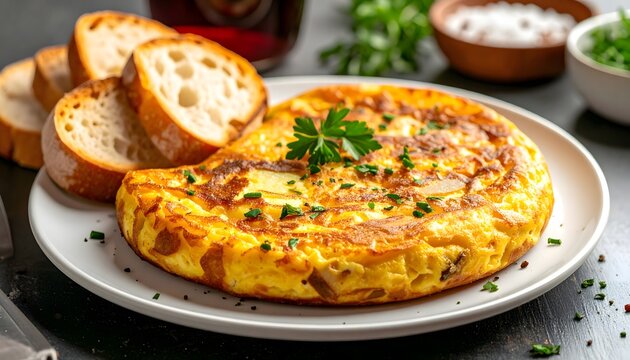 Tortilla espa&ntilde;ola servida en plato blanco con rebanadas de pan y guarnici&oacute;n sobre mesa de cocina