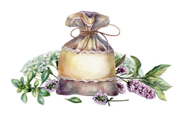 Herbal tea sachet bag with yarrow, mint and thyme watercolor. Isolated canvas pouch with empty label, botanical achillea and medicinal herbs for organic beverage packaging, pharmacy branding © AnKa