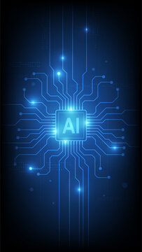 Abstract AI artificial intelligence microchip on blue circuit board background with digital data lines. Futuristic technology conceptual illustration for computing and machine learning industry