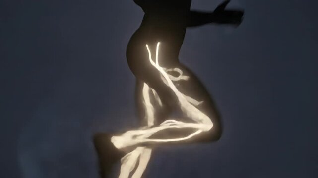 Jogger&rsquo;s silhouette with glowing neural pathways in the leg muscles and brain &ndash; exercise and neuroplasticity connection. no text