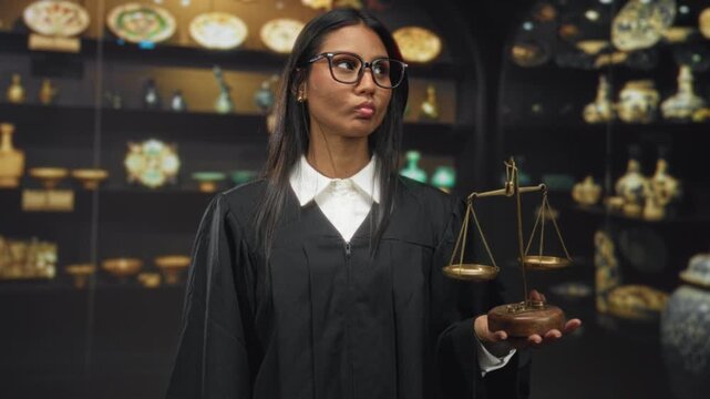Woman judge holds brass scales with hand visible, wearing robe and glasses in museum building, puckering lips gesture; authority balance justice.