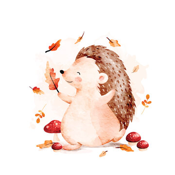 Watercolor Illustration of Cute Hedgehog with Autumn Leaves