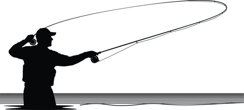 Man fishing with fly rod in water silhouette