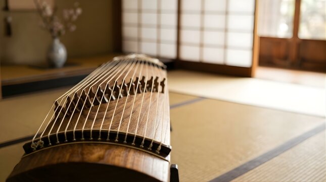 Koto musical instrument inside a traditional Japanese wooden house room