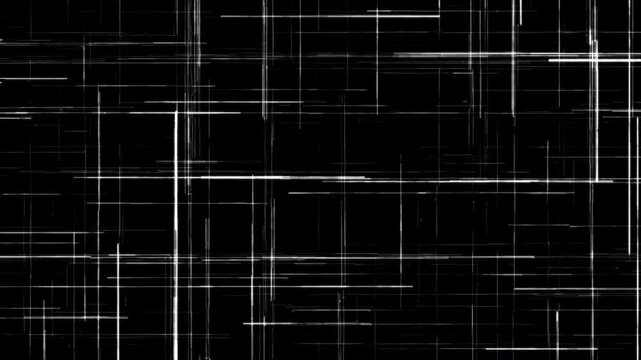 Vintage film scratches effect loop background featuring organic white vertical and horizontal scratch lines and static noise distortion.
